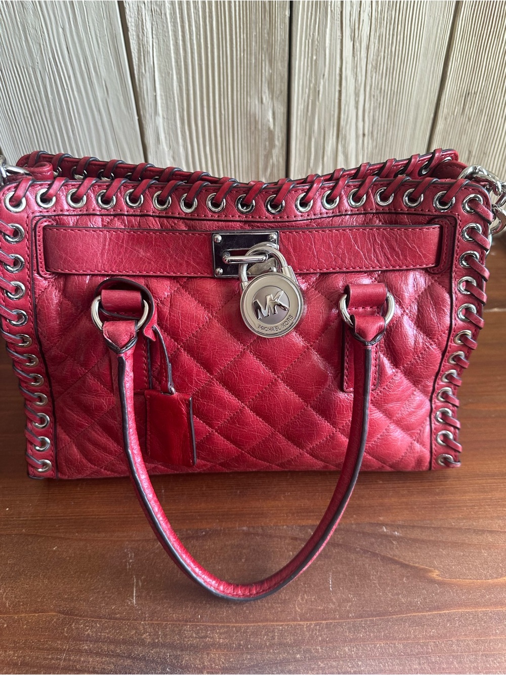 Michael Kors Crimson Quilted Hippie Grommet Satchel Bag w/ Lock & Key - Picture 3 of 15